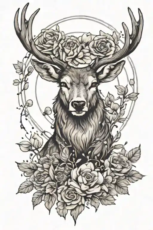 deer and wolf shilouette, nature, peony, jewels chain, moon and sun, taurus sign, floral tattoo design idea
