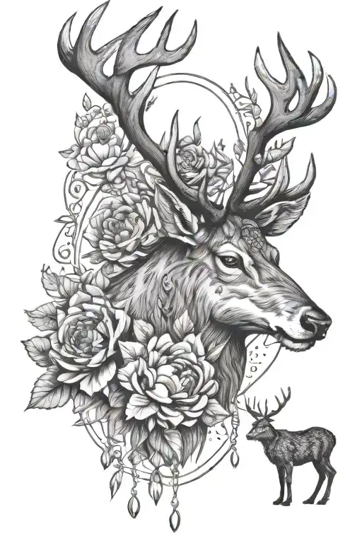 deer and wolf head, Nordic nature and forest, 1 peony, jewels chains, moon and sun, taurus sodiac sign,  tattoo design idea