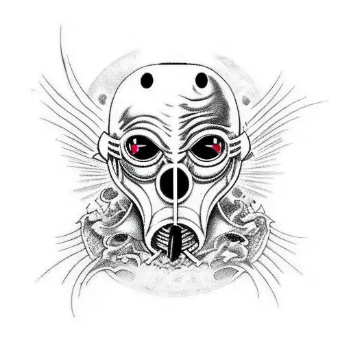 plague doctor mask in front of retrowave sun tattoo design idea