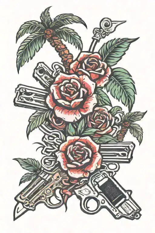 palm trees money guns black and red rose surrounded tattoo design idea