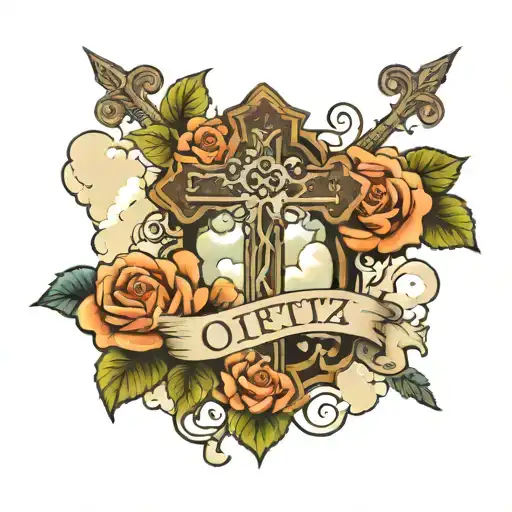 Cross with roses blooming and clouds surrounding with the word Ortiz on the bottom  tattoo design idea