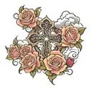 Cross with roses blooming and clouds surrounding with the word Ortiz on the bottom  tattoo design idea