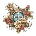 Cross with roses blooming and clouds surrounding with the word Ortiz on the bottom  tattoo design idea