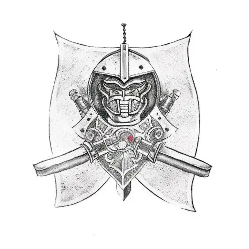 Warrior in leather armor kneeling with sword and shield into the ground tattoo design idea