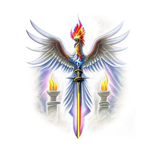 sword with phoenix and jesus christ back tattoo  tattoo design idea
