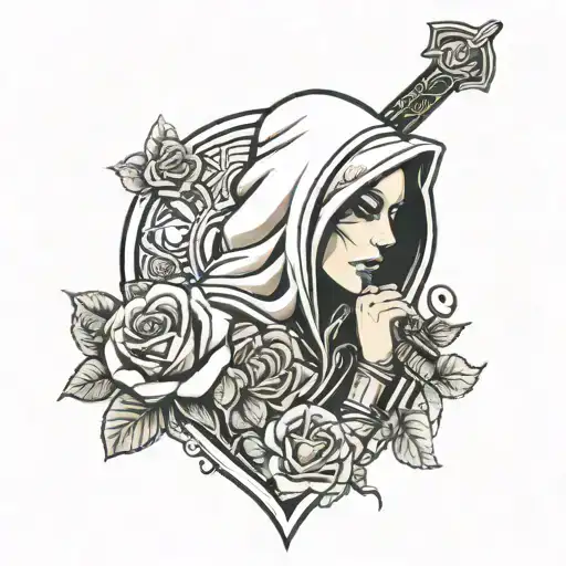 hooded woman looking upwards clutching sword to throat framed with roses tattoo design idea