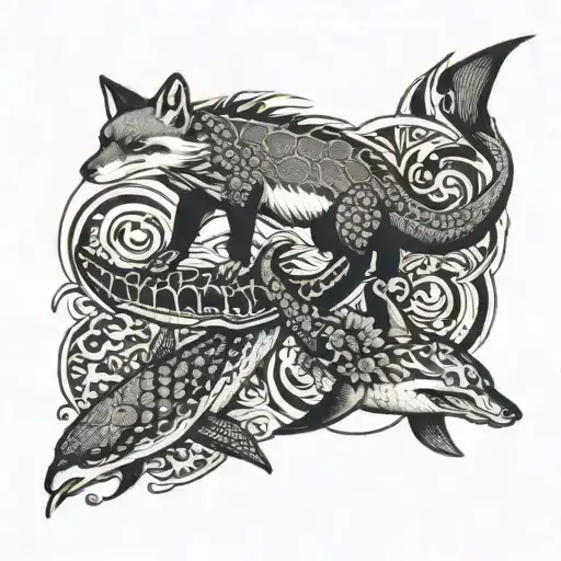 Fox, sea turtle, roe, shark all separate on top on each other for an long arm tattoo sleve  tattoo design idea