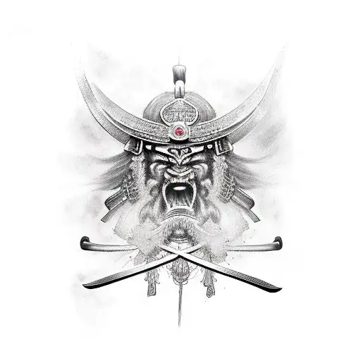 Samurai de espalda con espadas clavadas y cicatrices tattoo design idea