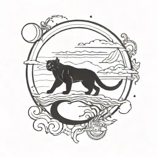 A blackwork tattoo of a moon panther silhouette against a full moon tattoo design idea