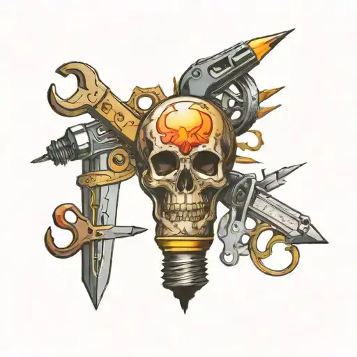 light bulb surrounded by workshop filled with tools tattoo design idea