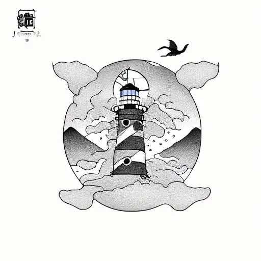Lighthouse and jolly roger tattoo design idea