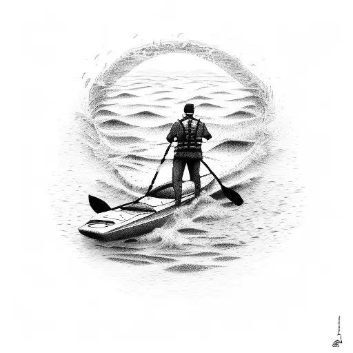 A kayaker navigating through a sea of books tattoo design idea