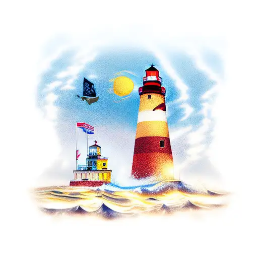 Lighthouse and jolly roger tattoo design idea