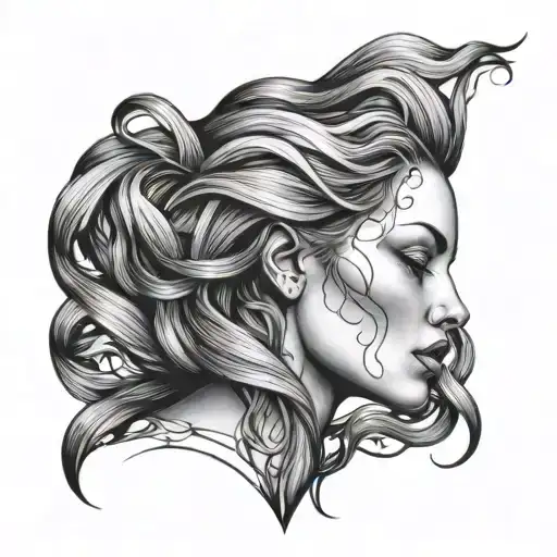 surrealistic  portrait tattoo design with woman's head and flowing hair, tattoo design idea
