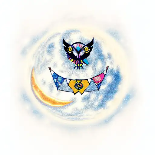 moon with owl and air force lady tattoo design idea