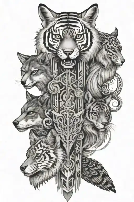 Fox, Owl, Wolf, Tiger totem pole tattoo design idea