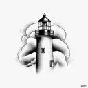 realistic lighthouse, storm background tattoo design idea