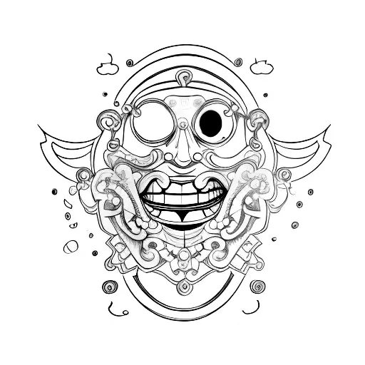 An intricate hourglass with a laughing mask on one side and a crying mask on the other tattoo design idea