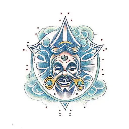 An intricate hourglass with a laughing mask on one side and a crying mask on the other tattoo design idea