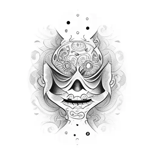 An intricate hourglass with a laughing mask on one side and a crying mask on the other tattoo design idea