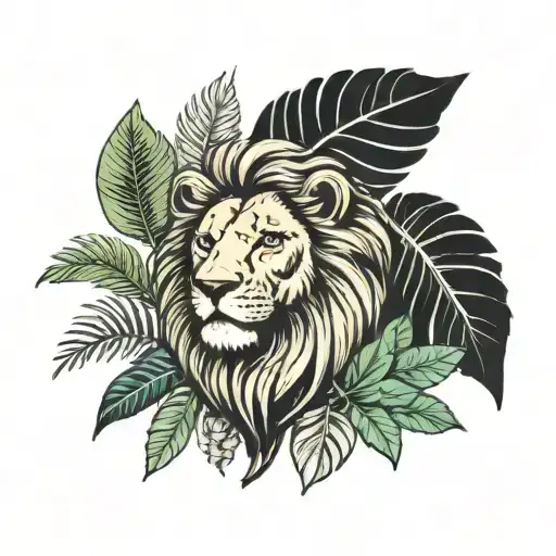 A lion with tropical flowers and palm trees, symbolizing strength and beauty in the Dominican Republic tattoo design idea
