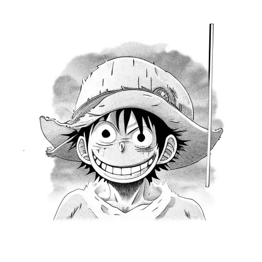 A detailed portrait of Monkey D. Luffy with his trademark straw hat tattoo design idea