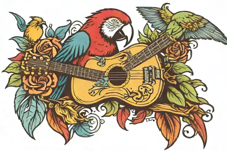 guitar and parrot tattoo design idea