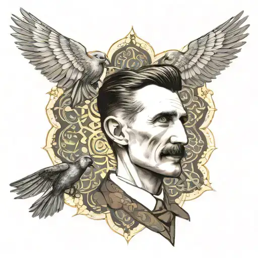 nikola Tesla with mandala , pigeon flying tattoo design idea