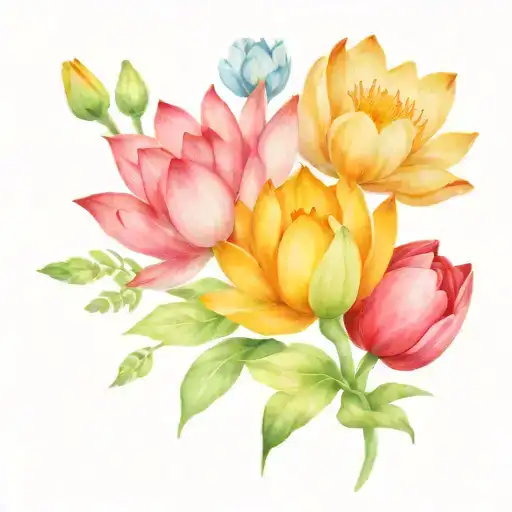 water lily, tulip, rose, larkspur, peony flowers in a bunch tattoo design idea