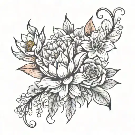 water lily, larkspur, rose, tulip bouquet tied tattoo design idea
