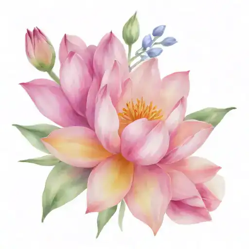 water lily, tulip, rose, larkspur, peony flowers tattoo design idea