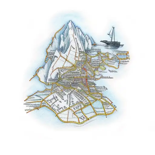 A traditional-style map with landmarks and transportation routes tattoo design idea