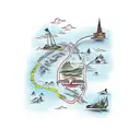 A traditional-style map with landmarks and transportation routes tattoo design idea