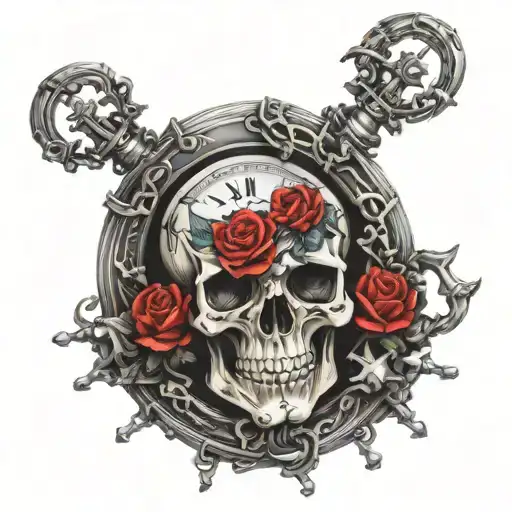 evil realistic skull with some element of the fibonaci sequence in a pocket watch tattoo design idea