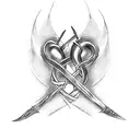 A dagger intertwined with a love heart, in a dotwork style tattoo design idea