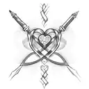 A dagger intertwined with a love heart, in a dotwork style tattoo design idea