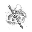 A dagger intertwined with a love heart, in a dotwork style tattoo design idea
