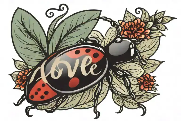 love bug cursive with a lady bug  tattoo design idea