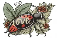 love bug cursive with a lady bug  tattoo design idea