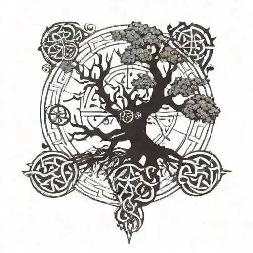 A modern interpretation of the Crann Bethadh (Celtic Tree of Life) incorporating elements of the Vegvisir symbol, symbolizing protection and guidance tattoo design idea