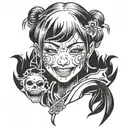 asian ghost girl creepy smile tattoo design idea