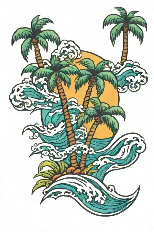 palm trees and waves tattoo design idea
