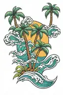 palm trees and waves tattoo design idea