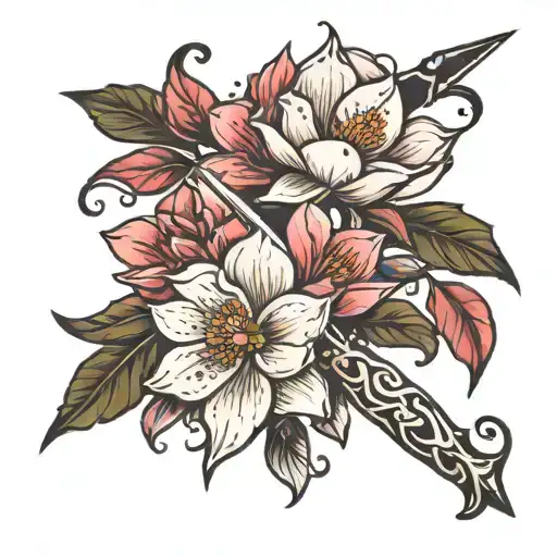 dagger and magnolia flowers tattoo design idea