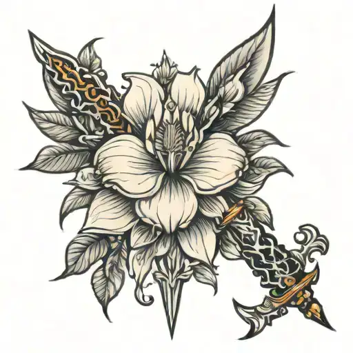 dagger and magnolias blooming tattoo design idea