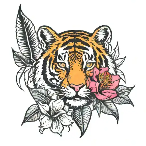  dagger and magnolias growing with tiger eyes tattoo design idea