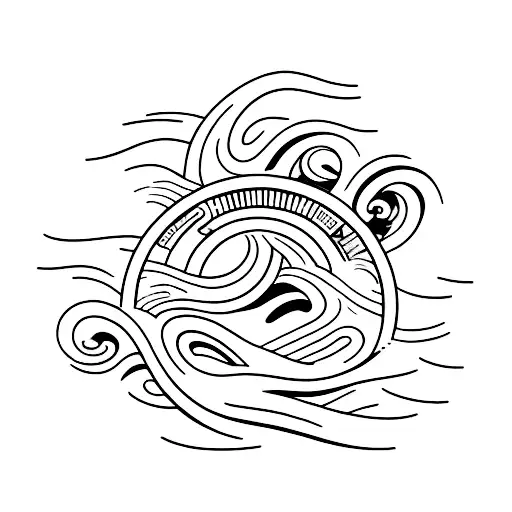 A wave-shaped boat steering wheel surrounded by crashing waves tattoo design idea