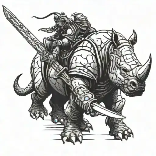 battle rhino with a warrior wielding a sword tattoo design idea
