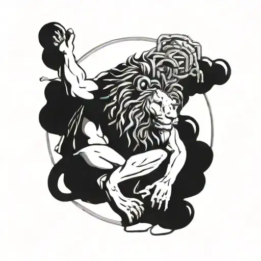 sisyphus holding the world with a lion sitting on roses surrounded by broken chains  tattoo design idea
