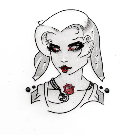 A traditional-style vampire woman with red lips and black hair, staring seductively tattoo design idea